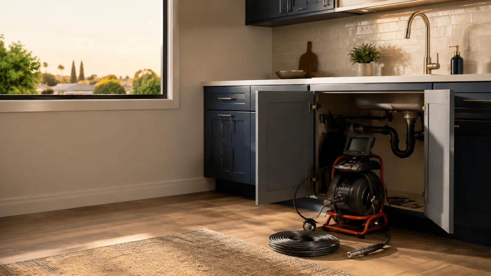 Residential sink plumbing with professional drain inspection and cleaning equipment
